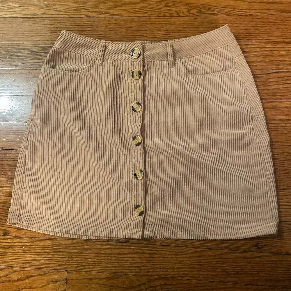 Beige Tan Coquette Corduroy Button Down Mini Skirt With Pockets Small